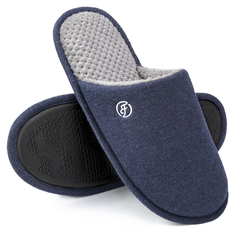 EverFoams Men's Cotton Knit Slippers Lightweight Memory Foam Indoor House Shoes with Anti-Skid Sole (9-10 M US, Navy Blue) - Image 1